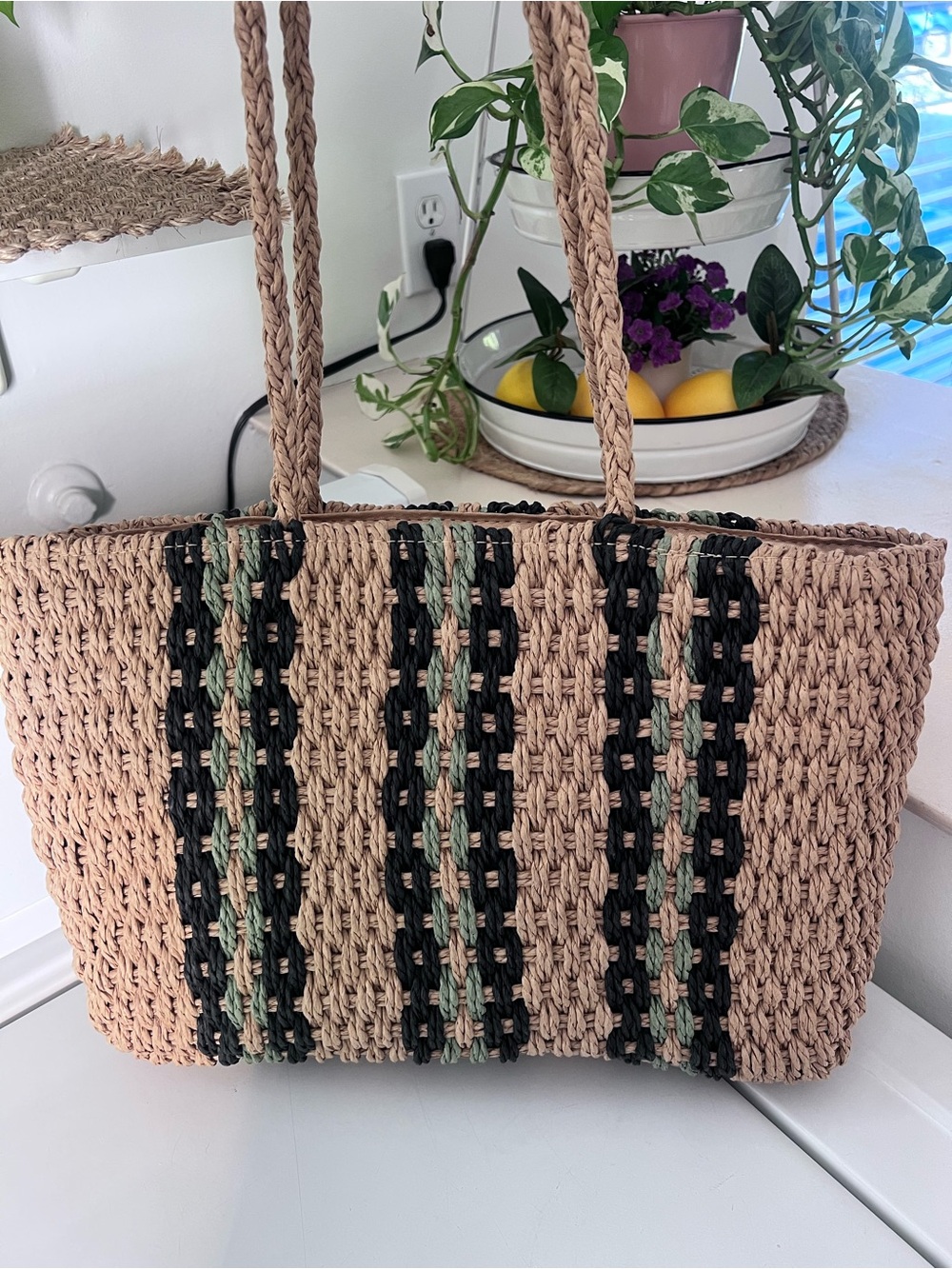Woven Straw Tote Bag with Black & Green Stripes